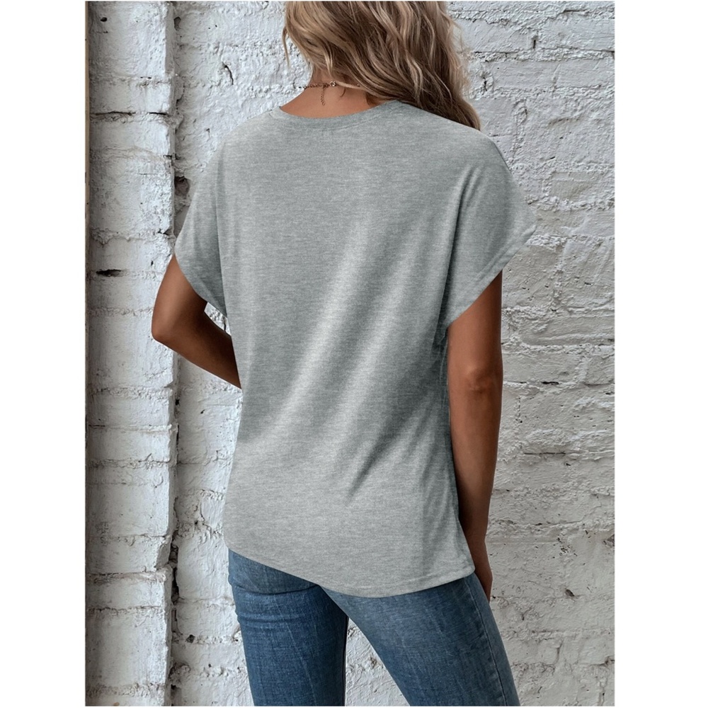 Twist Detail Grey Tee Shirt Short Sleeve Round Neck - Picture 3 of 12